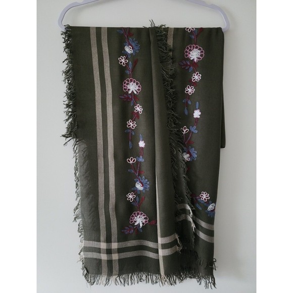 Isa & Stef Womens Embroidered Scarf Wrap Viscose Military Green Fringe 24"x74" - Picture 3 of 8